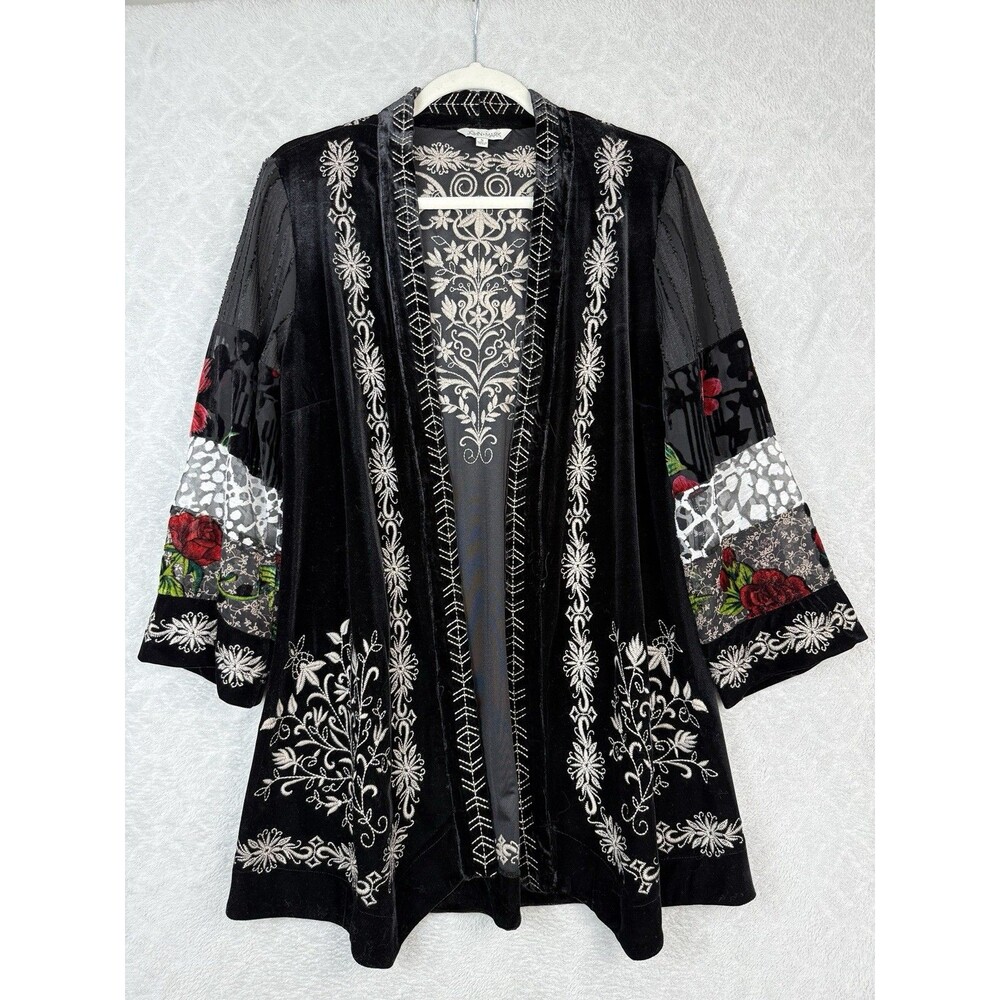 John Mark Kimono Jacket Womens Small Velvet Open Front Embroidered Boho Artsy